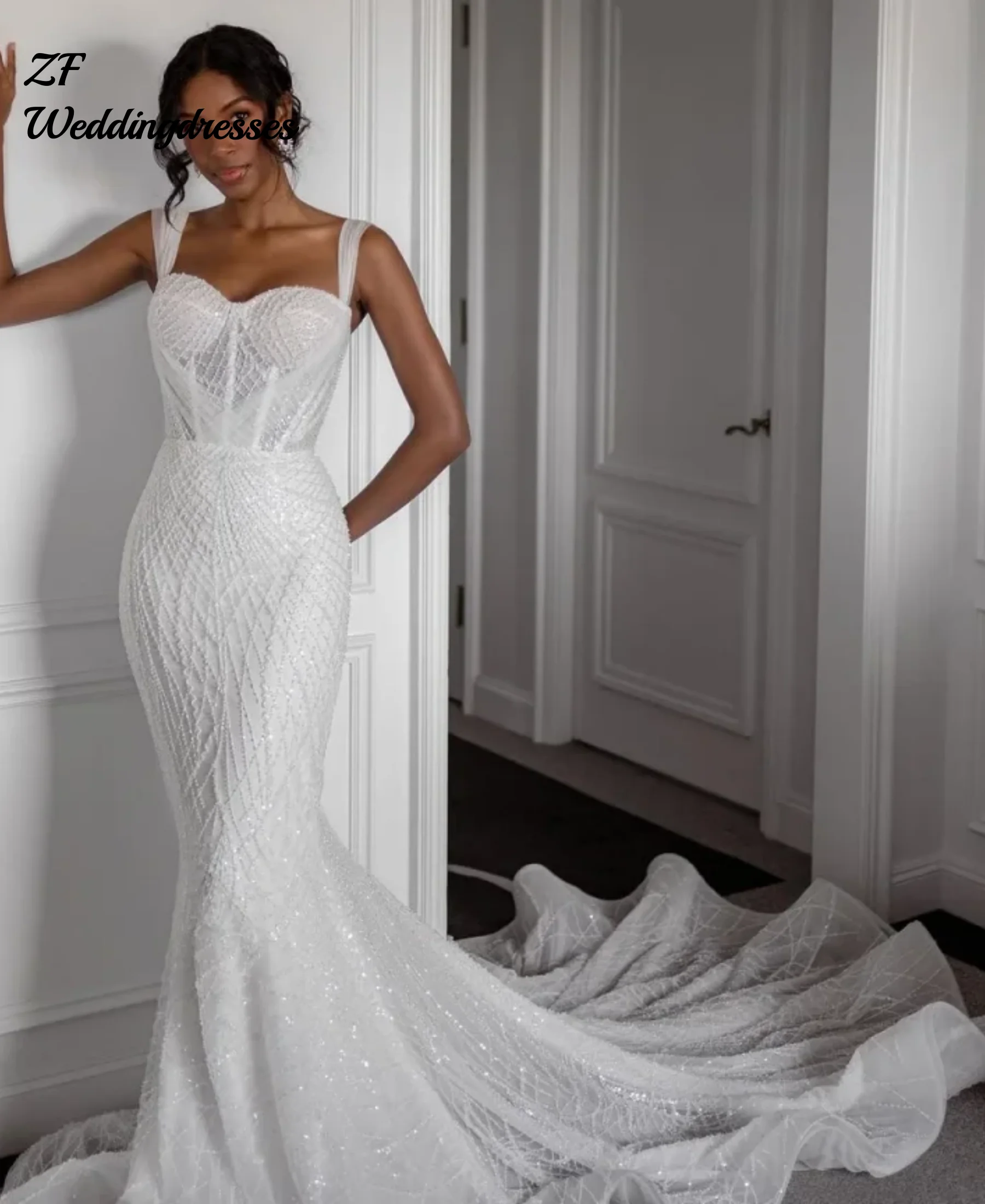 カスタマイズされた魅力的な輝くマーメイドウェディングドレス、スイートハートの薄いストラップの輝くウェディングドレス、豪華なブライダルドレス、ベスティドスD