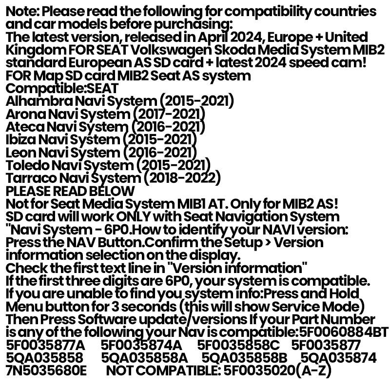 2024 MIB2 Seat for United Kingdom/Europe AS V19 Car Navigation Map SD Card 32GB