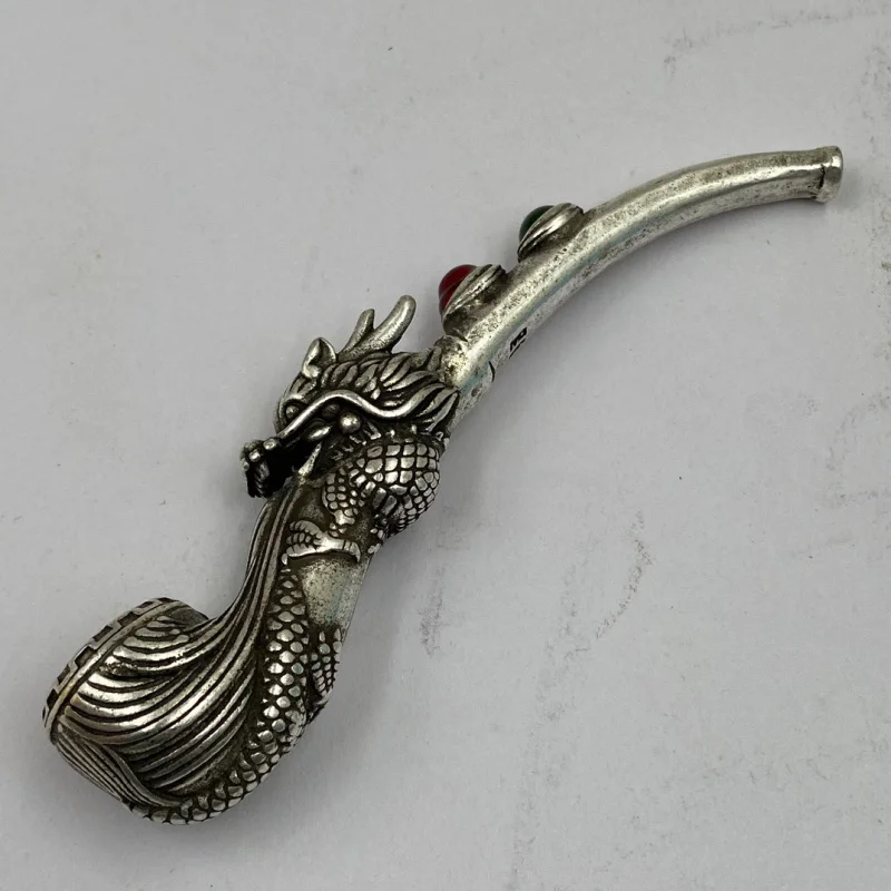 Miao Silver Old-Style Tobacco Pipe with Green Gemstone Inlay, Relief Dragon Head, Traditional Tobacco Gun