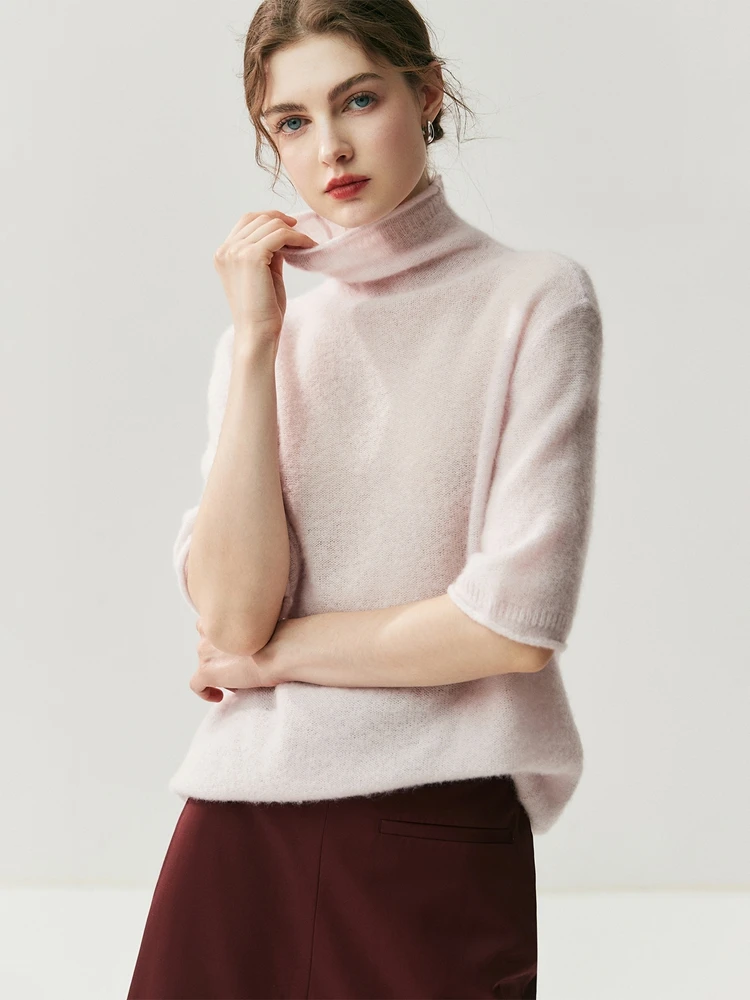 CHICUU Women 100% Cashmere Sweater Turtelneck Half Sleeve Pullover Office Lady Grace Cashmere Knitwear Autumn Winter Comfy Tops