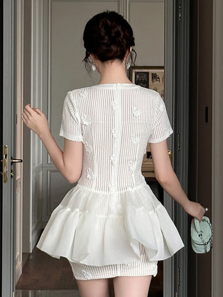 Women Clothes Sweet Solid Floral O-Neck Ruffles Skinny Mini Short Dress Lady Fashion Party Prom Birthday Vestidos Casual Summer