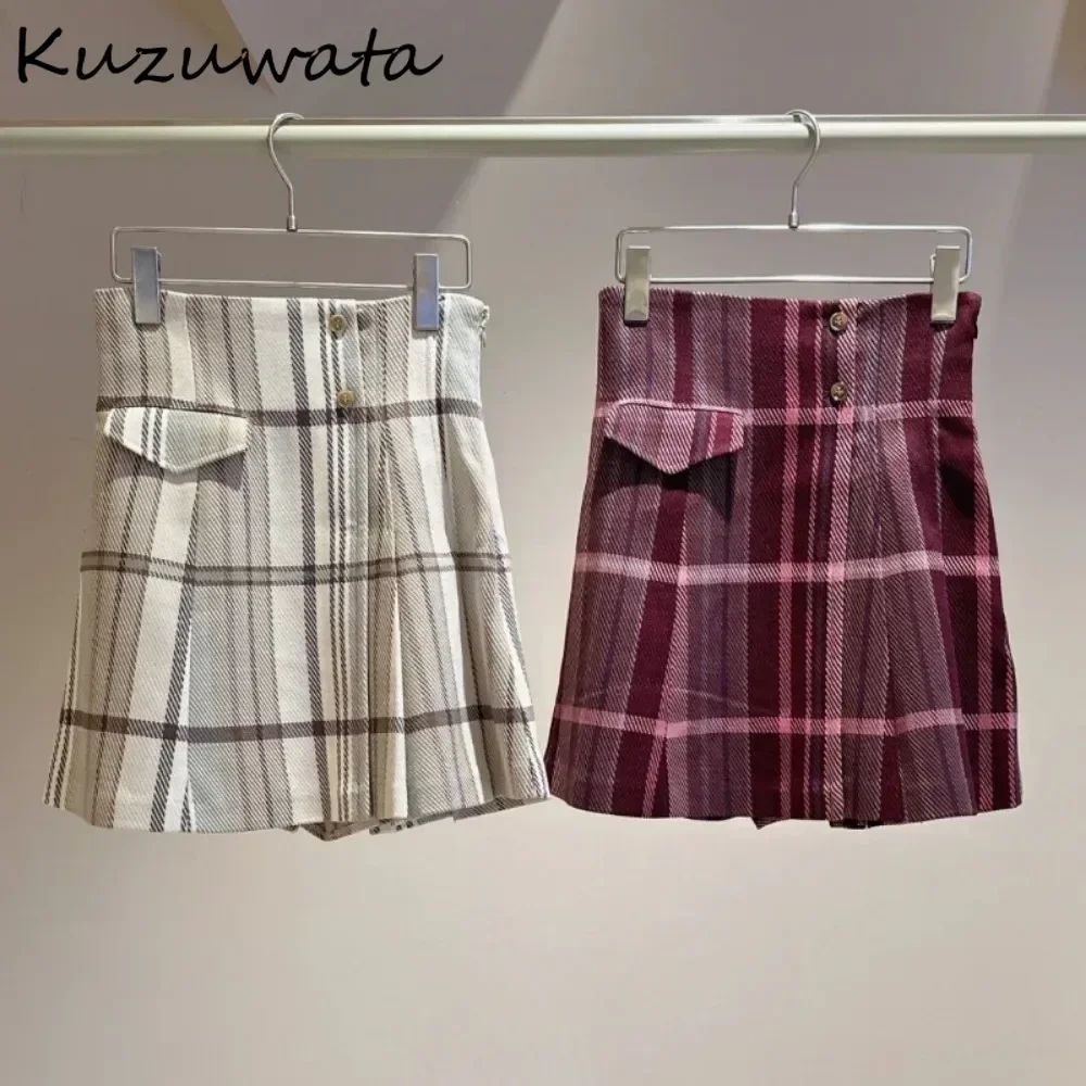 Kuzuwata 2024 Autumn Winter Japanese College Style Faldas Playful Sweet High Waisted Thick Slimming Pleated A-Line Skirt Pants