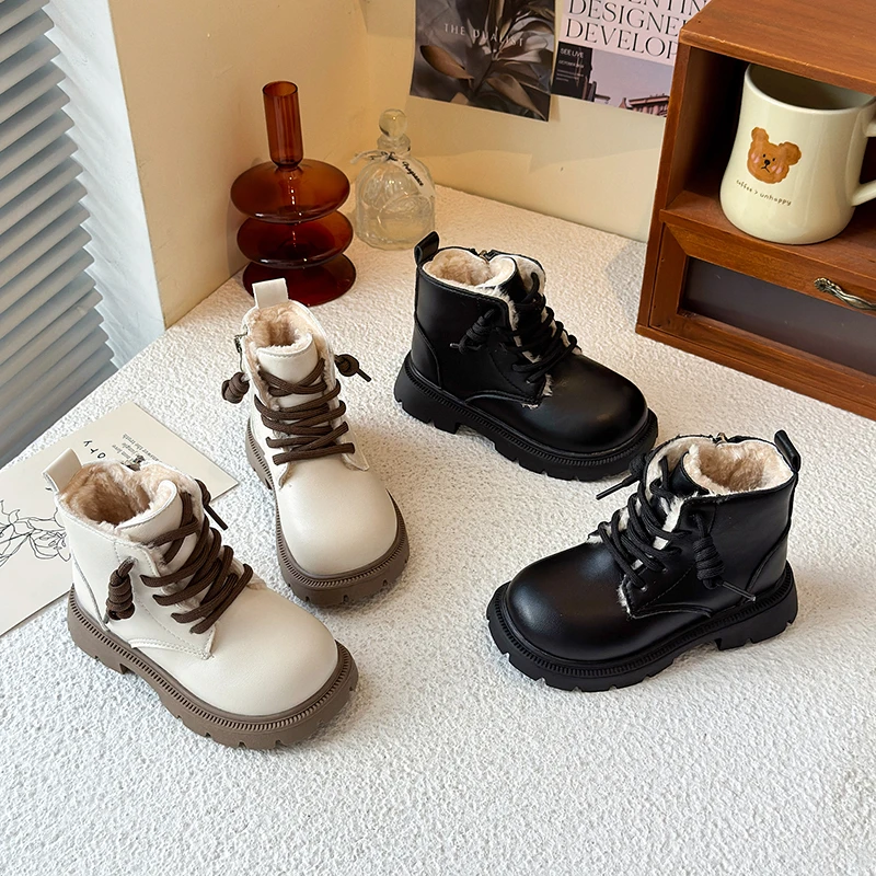 

Новинка 2023 года, детские зимние ботинки, модные простые теплые плюшевые ботинки для девочек, универсальные детские повседневные ботильоны с круглым носком, кожаные ботинки на молнии
