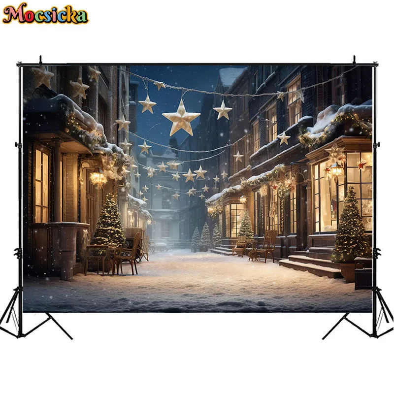 Christmas Street Photography Backdrops Star Light Winter Kids Family Portrait Background Xmas Tree Party Photocall Photo Studio