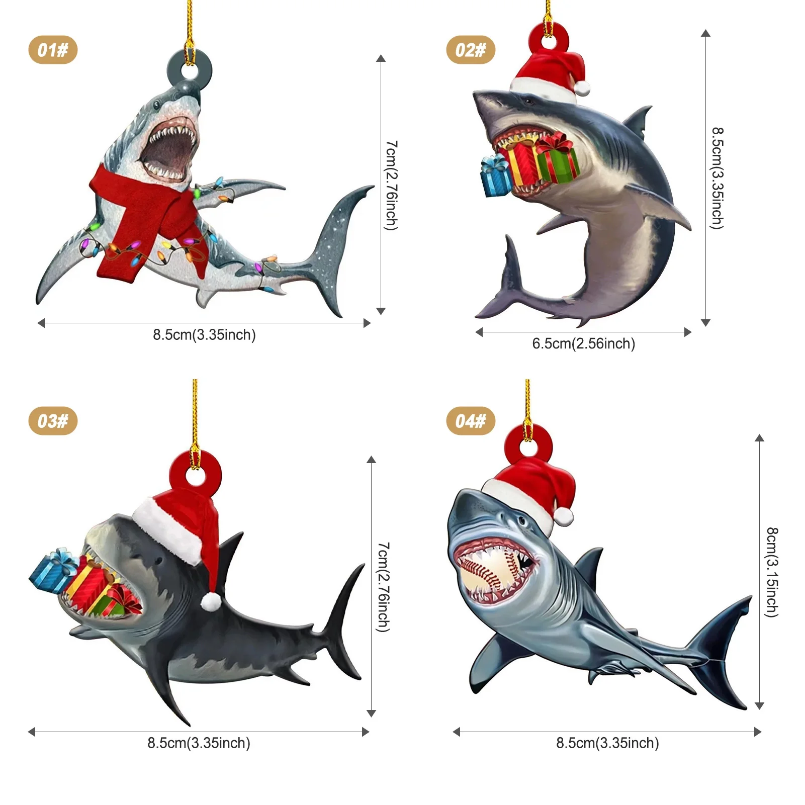 3pcs Ocean Theme Sharks Ornament Present Xmas Tree Decor 2d Flat Hanging Pendant Adds Fun Festive Ocean-Vibes For Holiday Party view 2