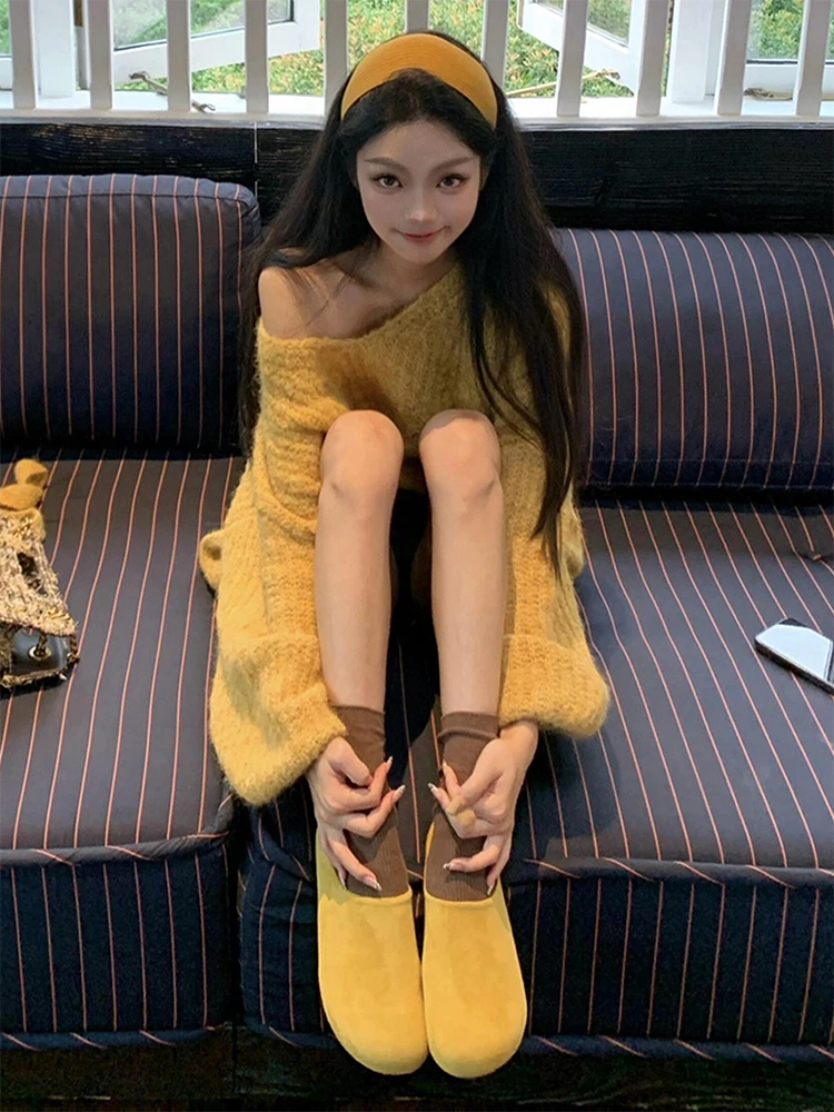 黄色のロングニットセーター レディース ゆったり ラフ スリーブレス デザイン 秋冬 韓国風 ルーズフィットトップ