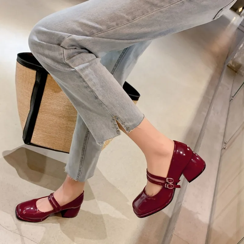 New Leather Women's Red Square Toe Double Buckle High Heel Mary Jane Shoes Large Size Solid Colour Fashion High Heeled Sandals