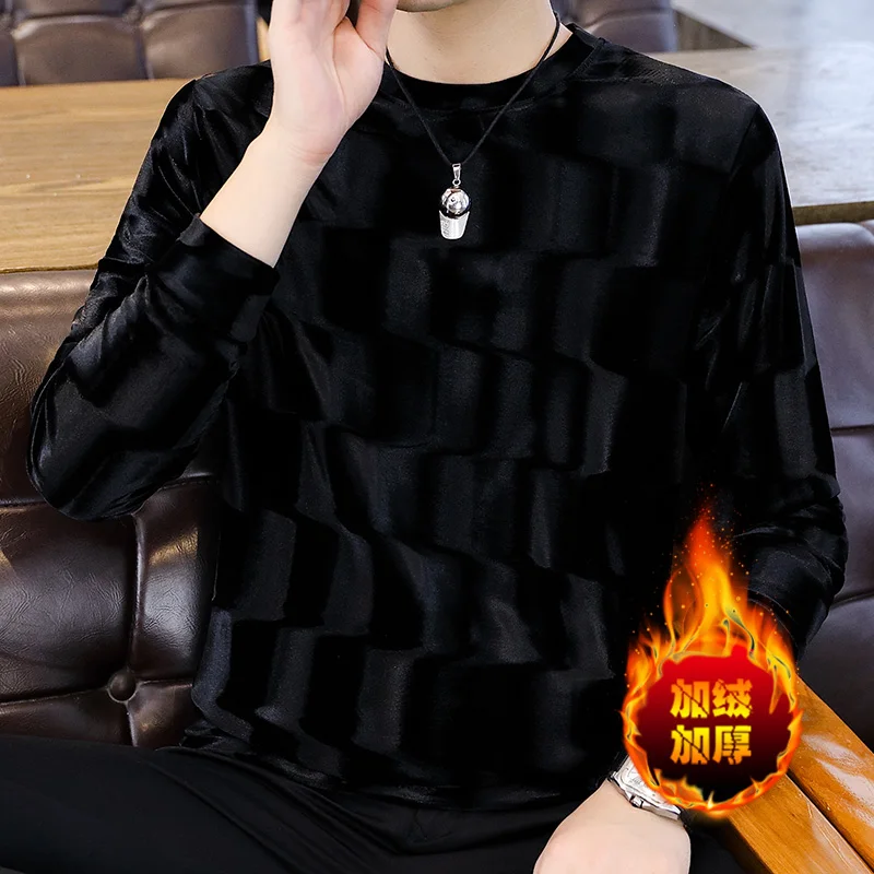 Autumn Winter Velvet Keep Warm Sweatshirts Luxury Gradient Print Loose Casual Round Neck Pullovers Sweatshirt Tops Men Clothing