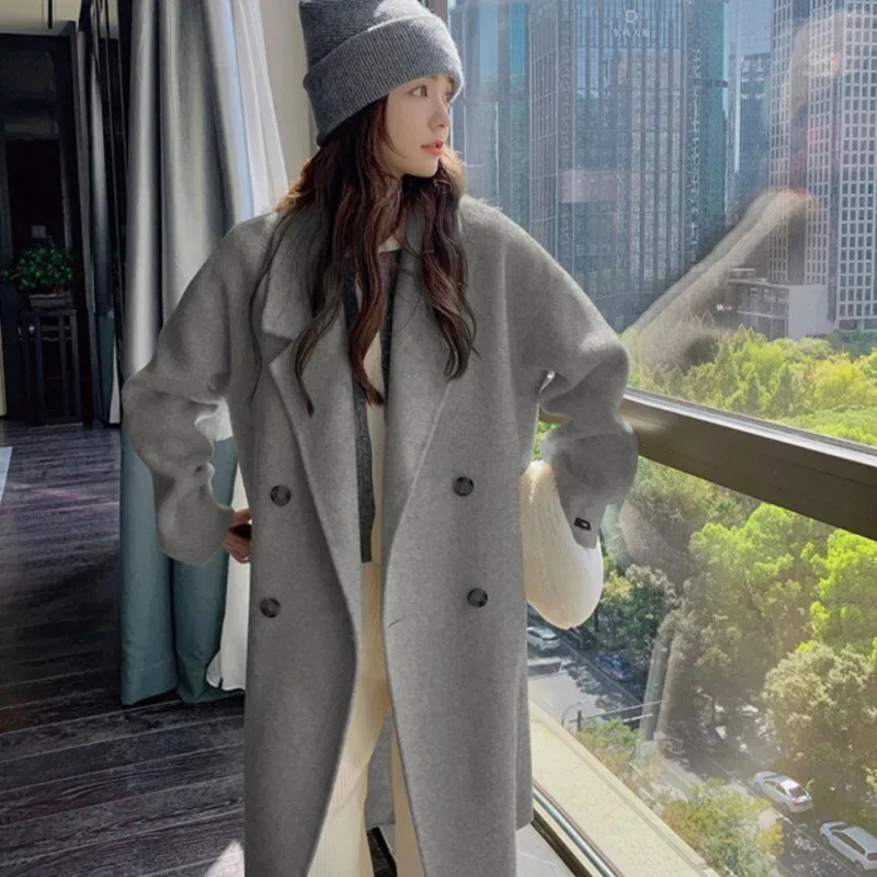 Double Sided Woolen Coat Women Autumn Winter Korea Cotton Shaped Coat Y2K Beige Button Medium Length Woolen Loose Jacket Top New