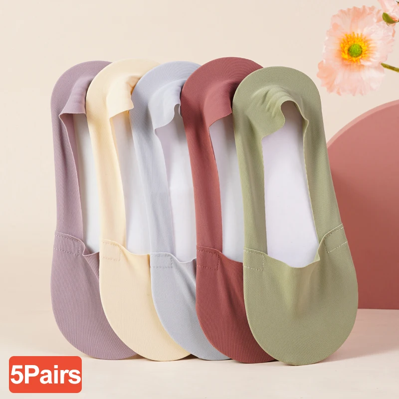 5 pares de calcetines náuticos de algodón para mujer, calcetines invisibles finos y transpirables de verano con suela antideslizante de silicona para zapatillas y zapatos