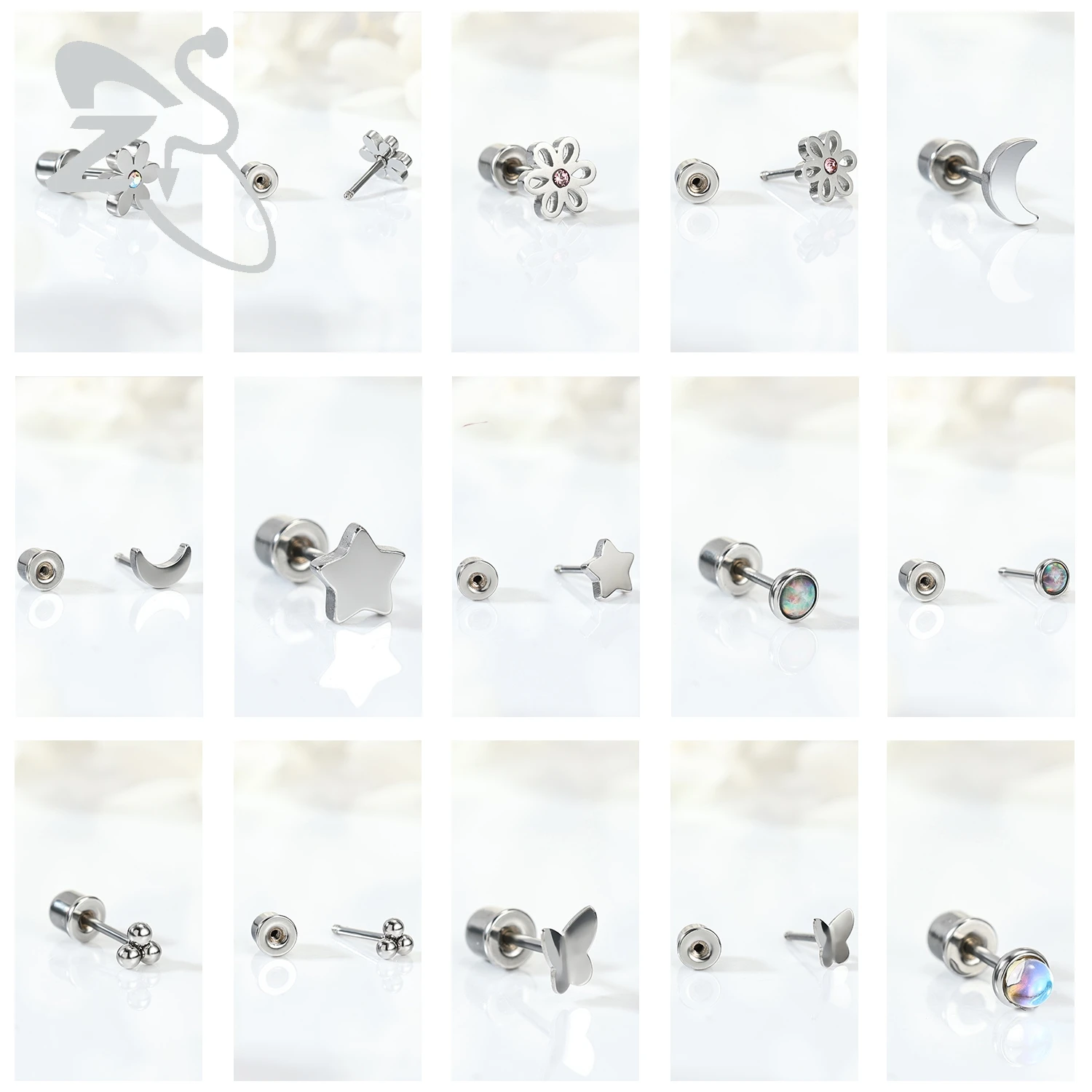 ZS 2pcs/lot Stainless Steel Stud Earring for Women Silver Color Ear Stud Star Moon Heart Simple Ear Helix Cartilage Piercing 20G