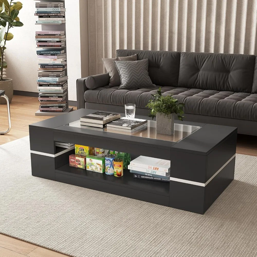 47.2" Modern Stylish Coffee Table with Glass Table Top, Large Living Room Table Rectangular 2-Tier Center Tables with Storage