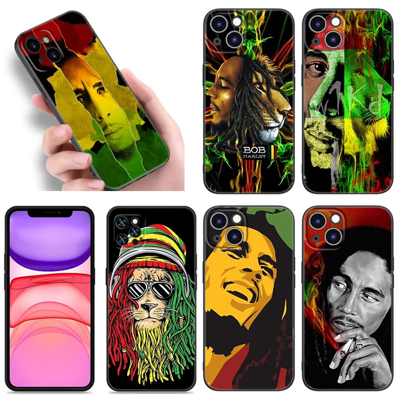 Reggae Bob Marley Phone Case For Apple iPhone 12 13 Mini 11 14 15 Pro Max 7 8 Plus X XR XS SE 2020 2022 Black Silicone Case