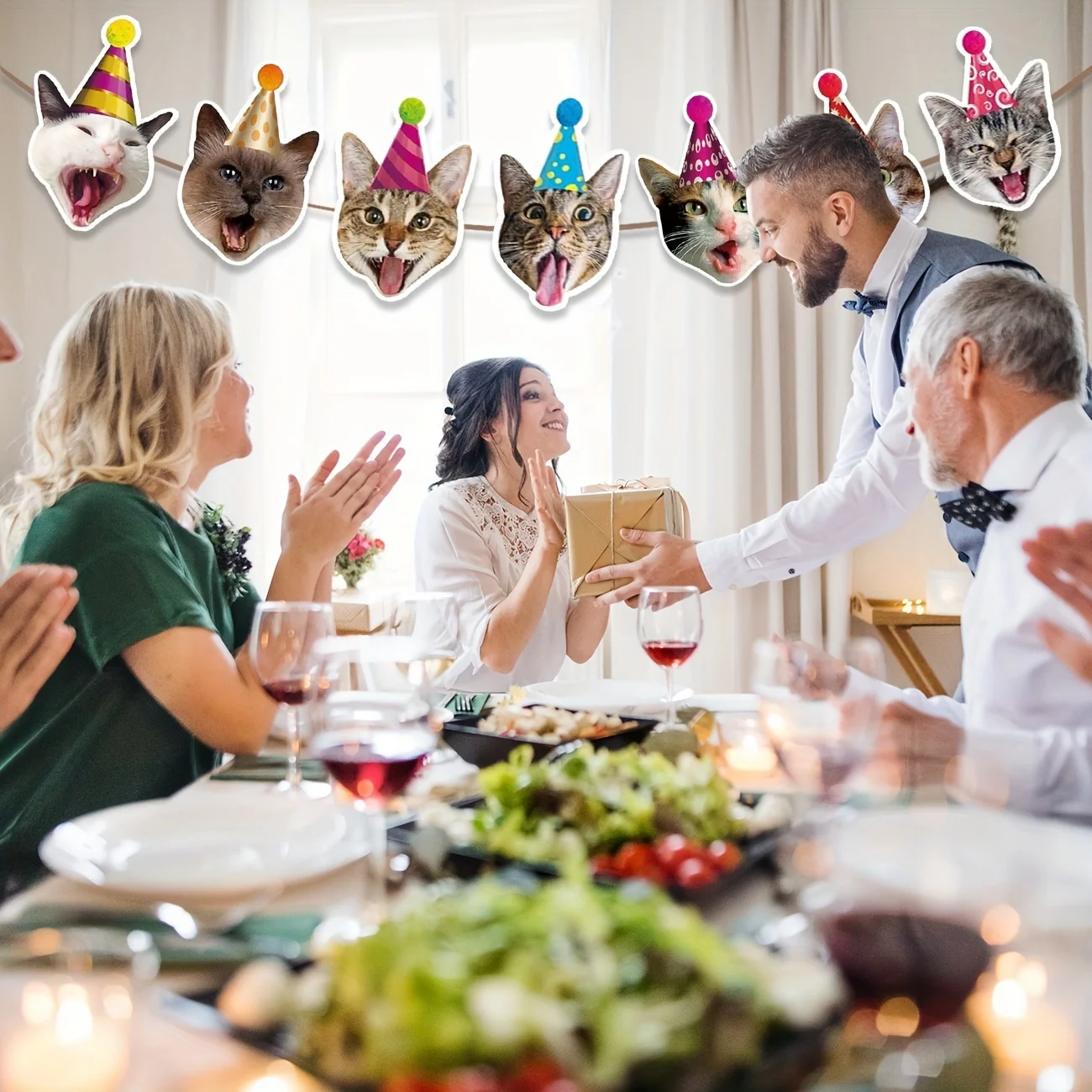 لافتة عيد ميلاد سعيد، إكليل القط، ديكور عيد الميلاد المضحك، وجه القط، حفلة عيد الميلاد، زينة الرايات الذهبية، علامة عيد الميلاد، كيتيز، عيد ميلاد P #3