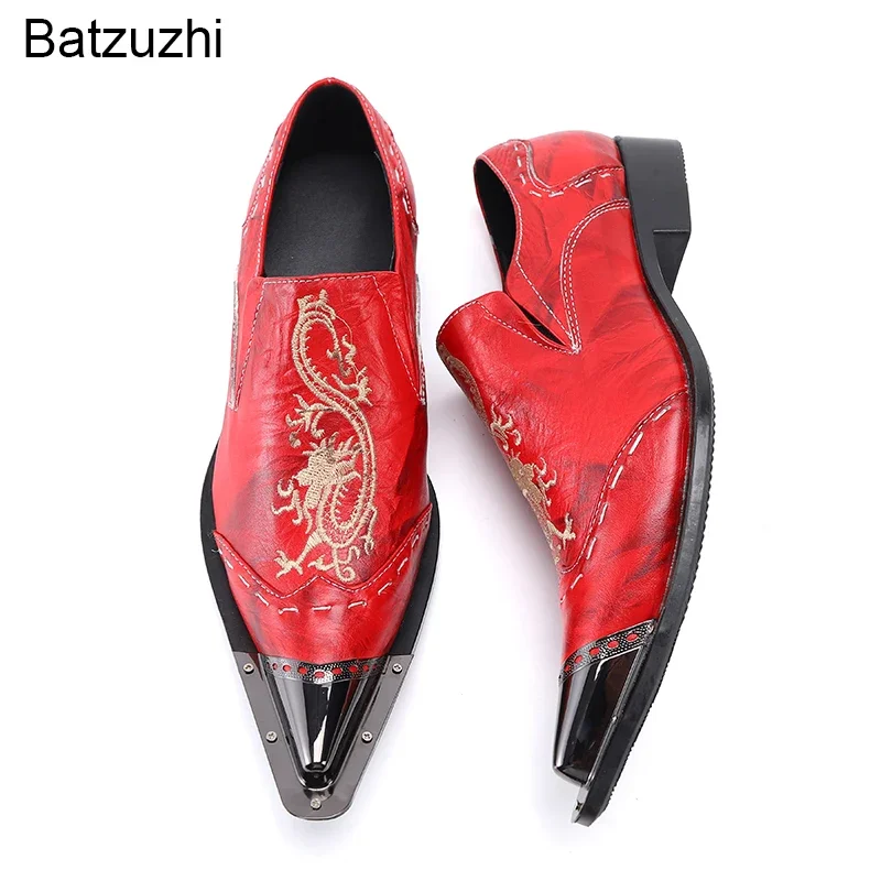 

Batzuzhi Fashion Red Men's Wedding Shoes Pointed Metal Tip Slip on Genuine Leather Dress Shoes Men for Party, Business, Wedding