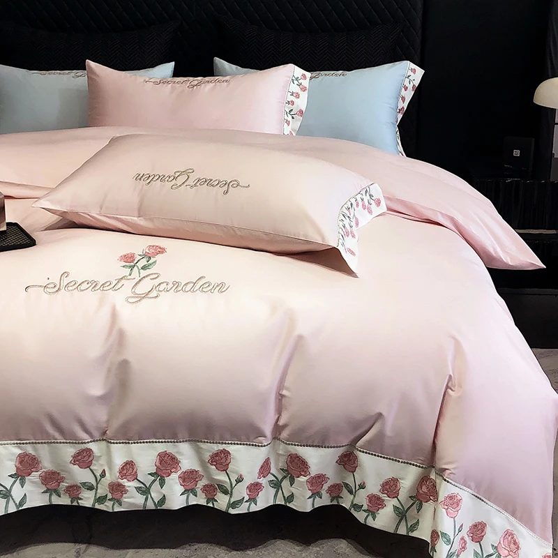 Pink Egyptian Cotton Bedding Sets Luxury Red Rose Flowers Embroidery Duvet Cover Bedspread Sheet Mattress Cover Pillowcases