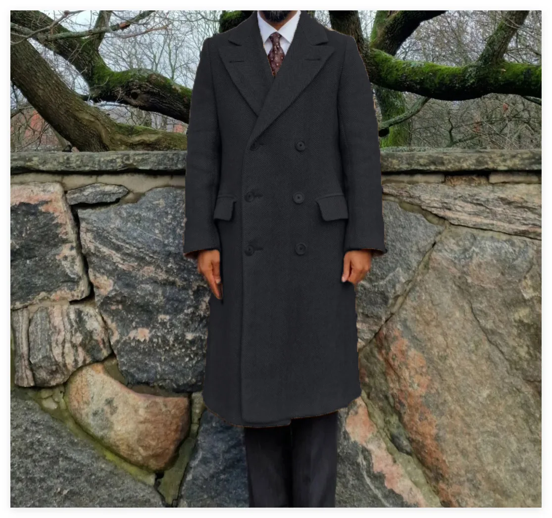 เสื้อโค้ทลายก้างปลาสำหรับผู้ชาย ฤดูใบไม้ร่วง ฤดูหนาว ทรงเข้ารูป กระดุมสองแถว แบบยาว ป้องกันลม แฟชั่นลำลอง ธุรกิจ งานเลี้ยง