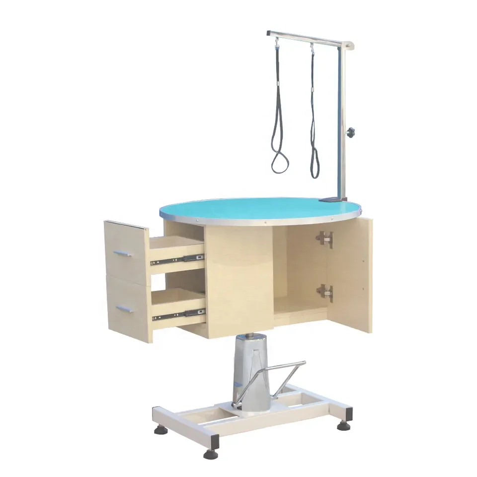 ！@Newest Design Multifunctional Hydraulic Lift 36 Inch Round Pet Grooming Table With Storage Cabinet
