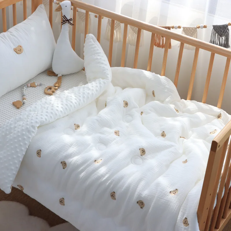 Winter Thick Muslin Cotton Embroidered Bear Tiger Baby Duvet,Newborn Thermal Comforter,Infant Baby Crib Blanket with filler