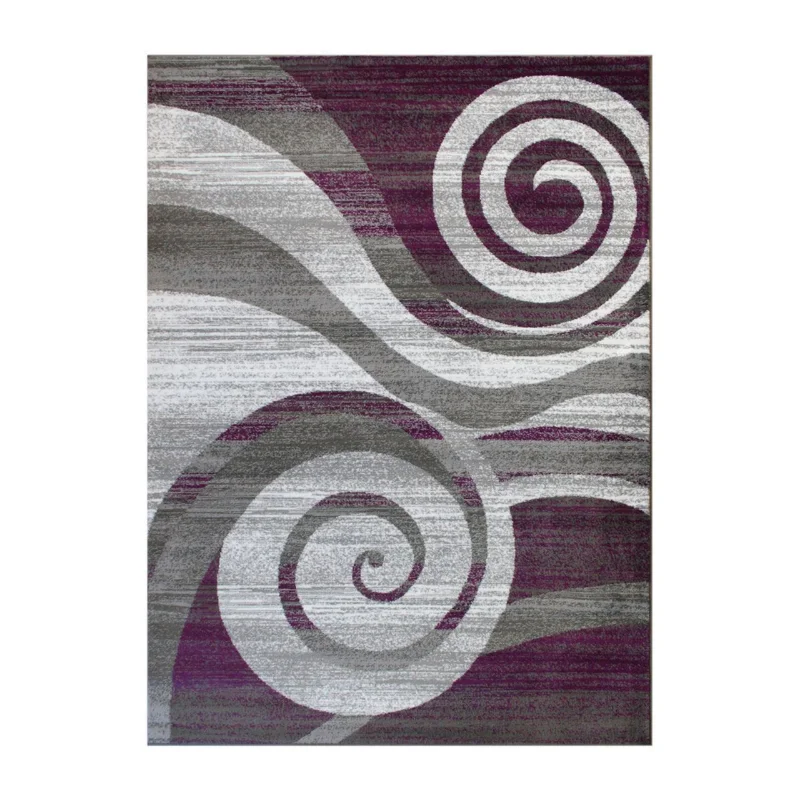 Cirrus Collection 4' x 5' Purple Swirl Patterned Olefin Area Rug with Jute Backi