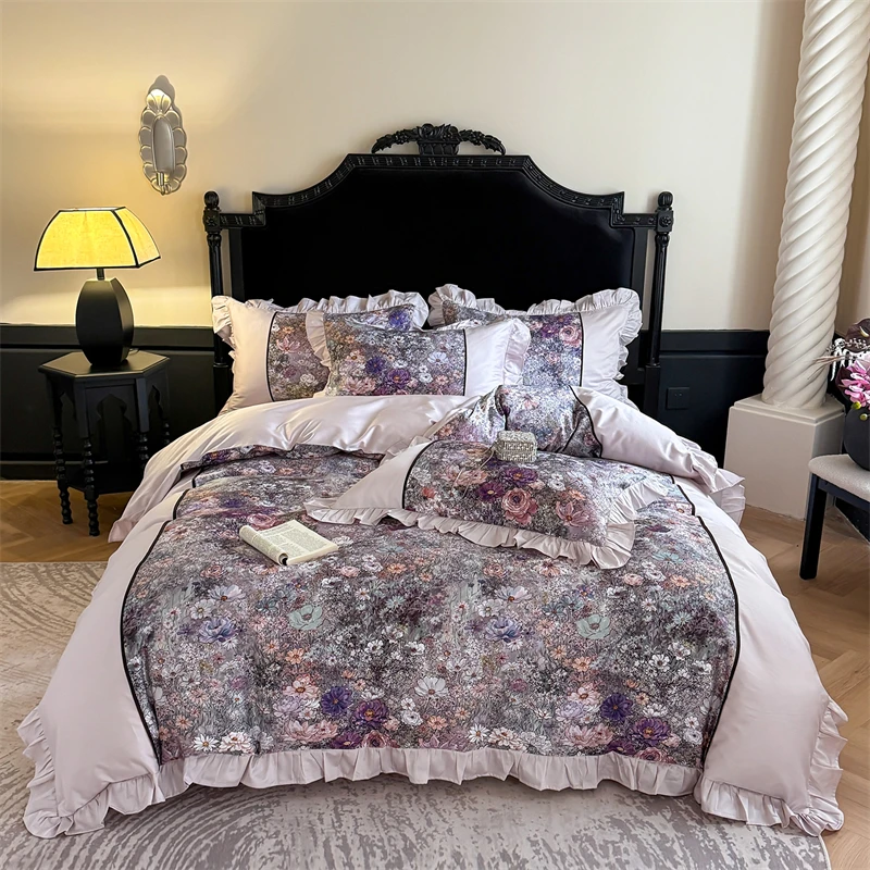 Vintage Floral Botanical Print Ruffle Bedding Set 600TC Egyptian Cotton Duvet Cover Set Bed Sheet/Fitted Sheet Pillowcases 4Pcs