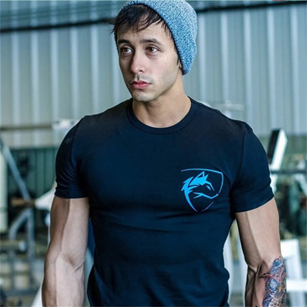 Cotton Running Sport T-shirt Men Gym Fitness Slim Shirt Short Sleeve Print Tees Tops Male Summer Bodybuilding Training Clothing