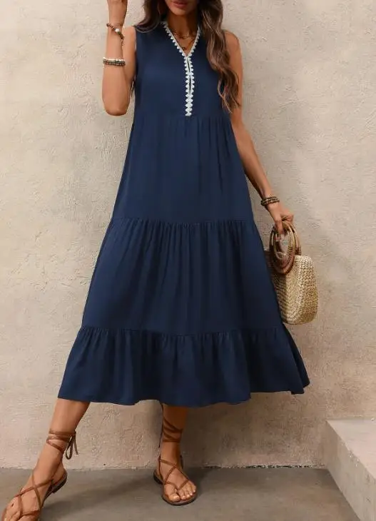 

2026 Spring/Summer New Color Contrasting V-neck Large Swing Ruffle Edge Dress for Vacation Lazy Sleeveless Long Dress for Women