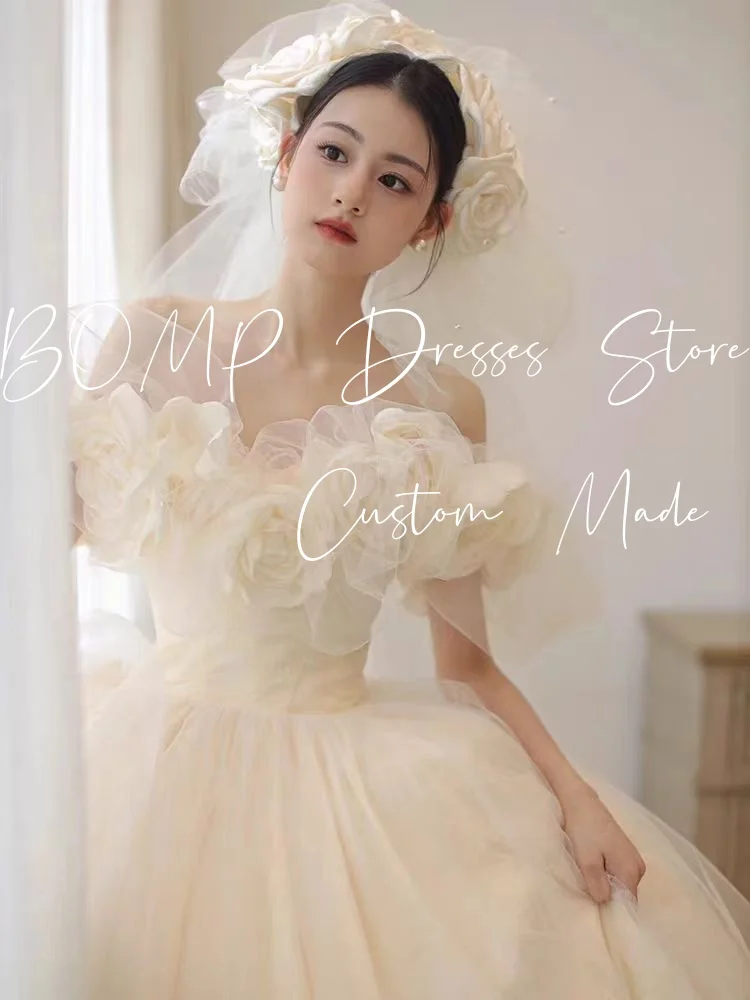 BOMP-vestido de novia elegante con flores, hombros descubiertos, corte en A, largo hasta el suelo, tul marfil, sesión de fotos coreana, vestido de recepción nupcial personalizado