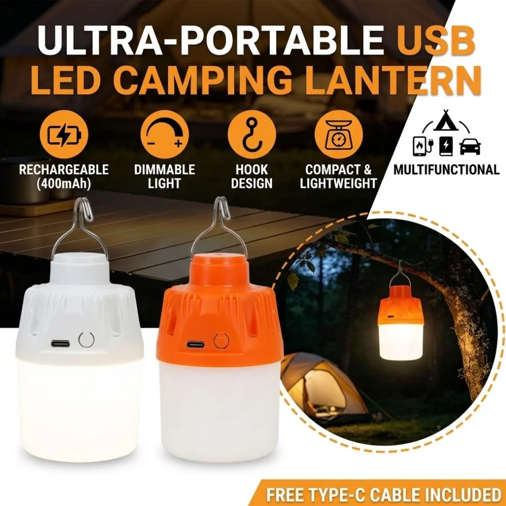 Portable LED Camping Lantern USB Rechargeable Tent Light Dimmable Emergency Lamp Outdoor Hiking Hanging Flashlight