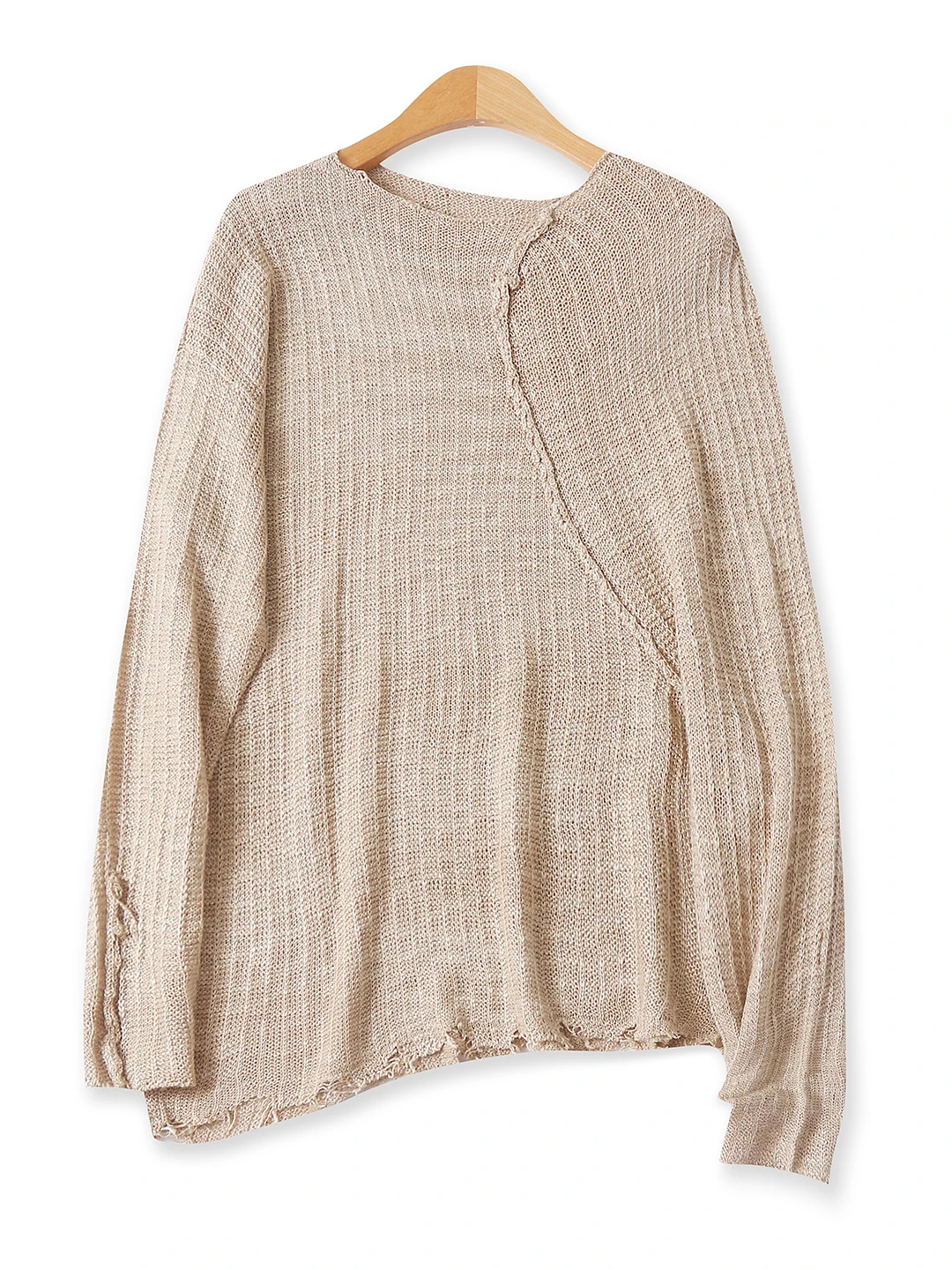 

Faionable Uneven Long Sve Knitted Sweater Spring Autumn New Sle Women's All-match Diagonal Splicing Crew Ne Top