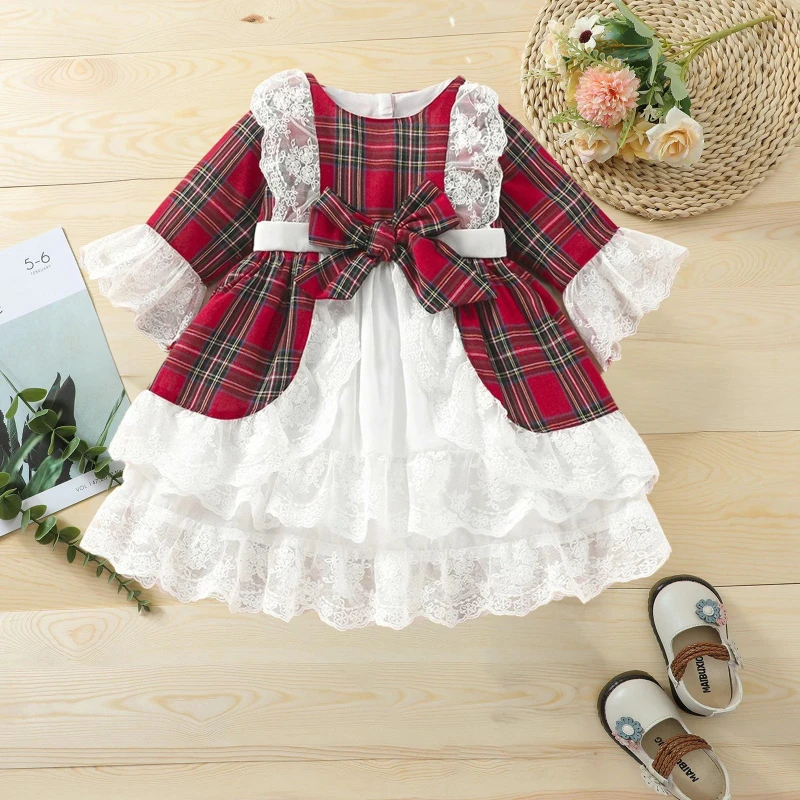 2025 New Children's Christmas Atmosphere Checkered Splicing Lace Lace Bow Long Sleeve Princess Skirt