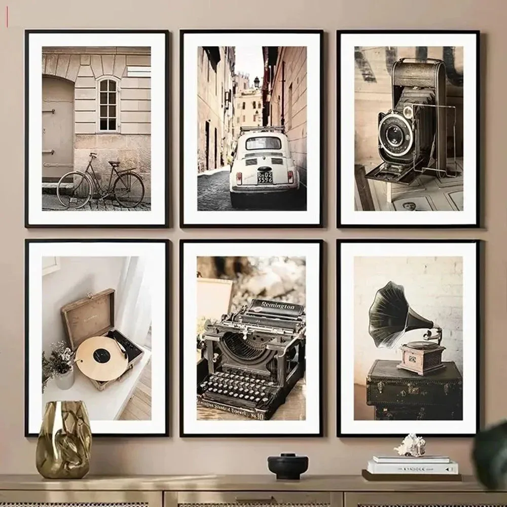 Retro Camera Record Player Bicycle Typewriter Car Picture Canvas Painting Wall Art Scenery Poster and Print for Home Decor