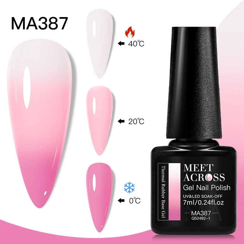 MEET ACROSS 7ml Thermal Rubber Base Gel Pink White 3 Colors Changing Glitter Soak Off UV LED Long Lasting Gel Polish Nail Art