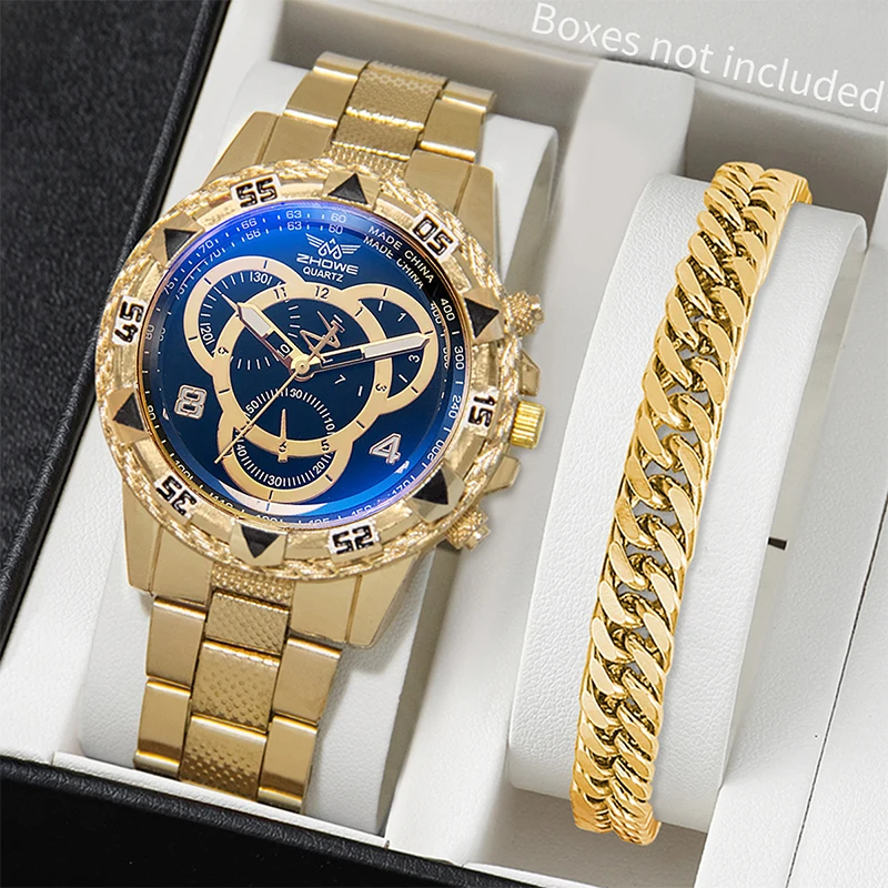 2pcs/set Fashion Men\'s Watch Steel Band Analog Quartz Watches Bracelet Set(Without Box)