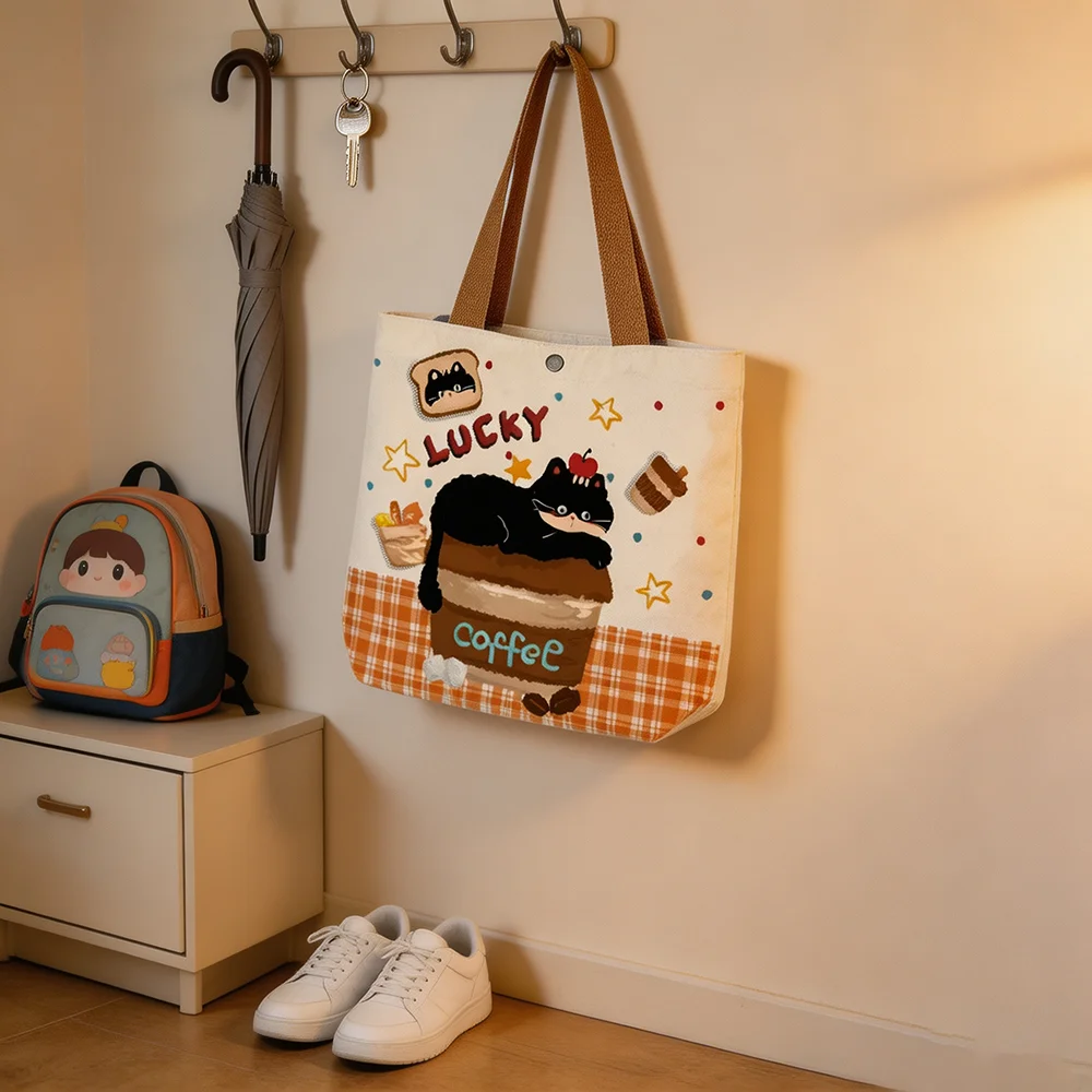 Cute Black Cat Printed Canvas Tote Bag Large Capacity Women Shopping Shoulder Bag Reusable Grocery Shopper Handbag Girl Book Bag