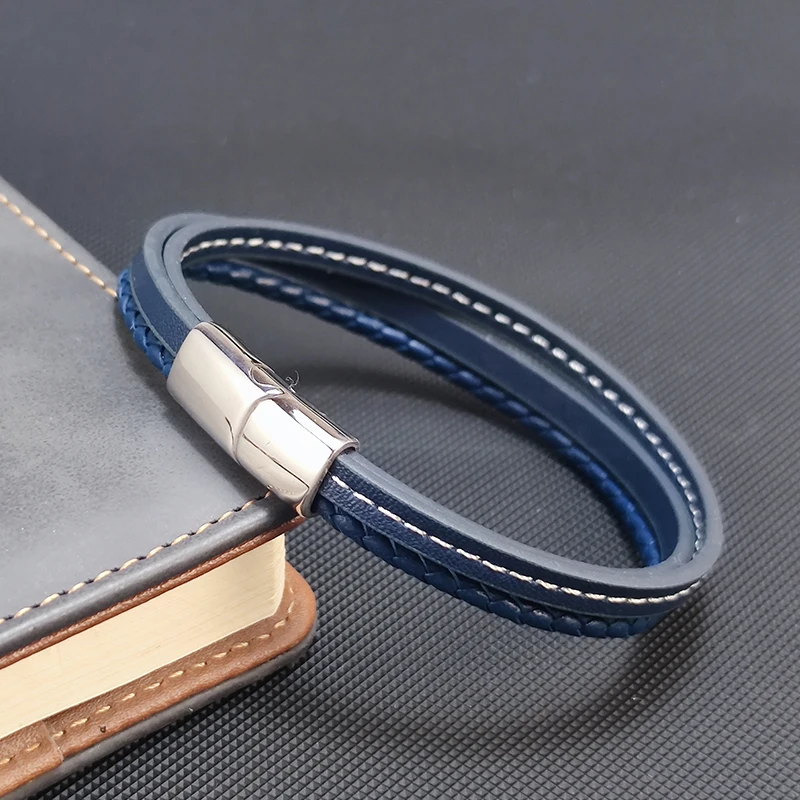 Fashion Blue Leather Bracelets Men Boys Stainless Steel Clasp Multilayer Braided Rope Bracelet for Male Female Bracelets Jewelry