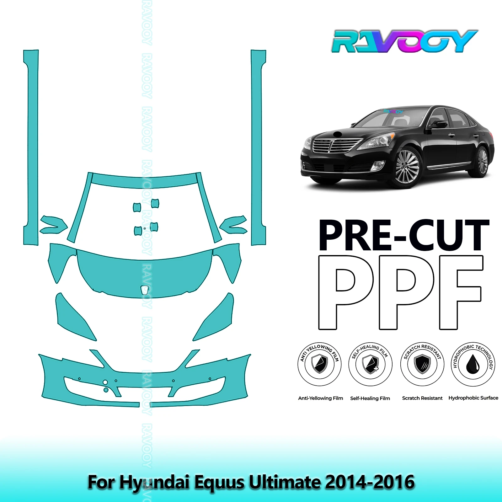 

8.5Mil Precut Paint Protection Film PPF Clear Bra Front Kit+Rockers For Hyundai Equus Ultimate 2014-2016