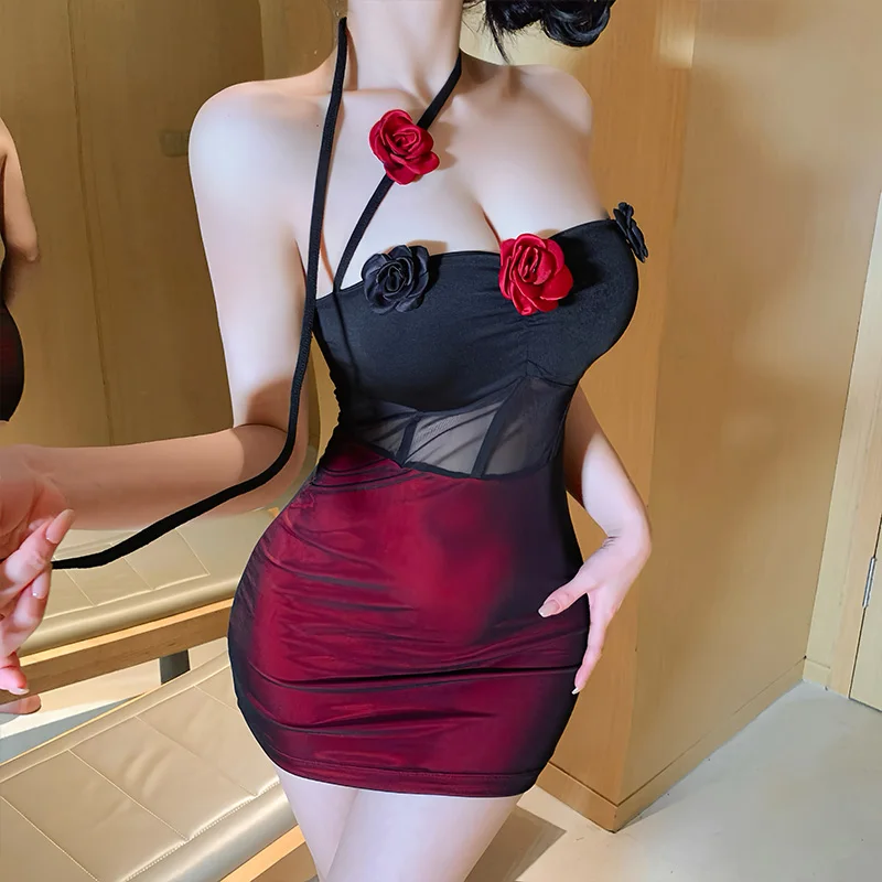 

Sexy Secretary Office Uniform Erotic Floral Splice Mini Skirt Nightgown Strapless Bodice Color Block Tight Fitting Underwear