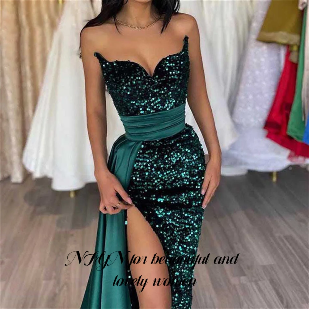 NFYN Green Evening Gown Mermaid Sexy Beaded Prom Dresses Pleat Sweetheart Side Split Evening Dress robes de soirée Customized