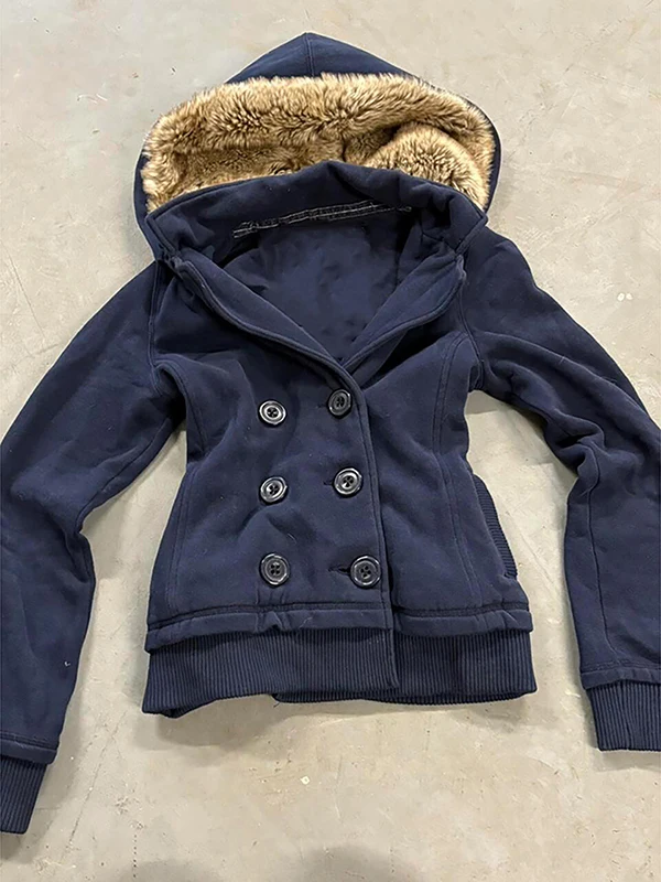 الأزرق Fce اصطف هوديي Jaet المرأة خمر تصميم الإحساس الخريف الشتاء ملابس خارجية الفتيات الوقوف صالح مزيج القطن