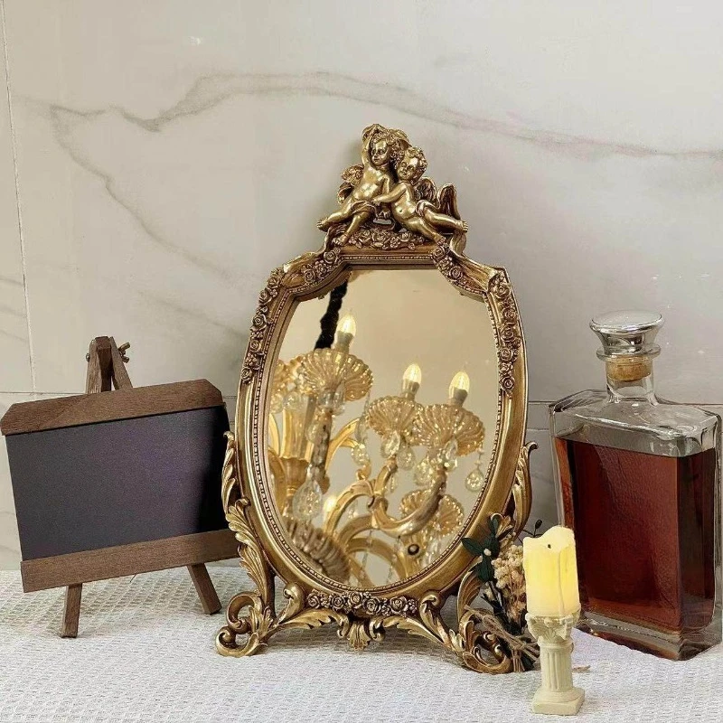 European retro makeup mirror flocked back plate relief gold vanity mirror high definition mirror decorative pose props