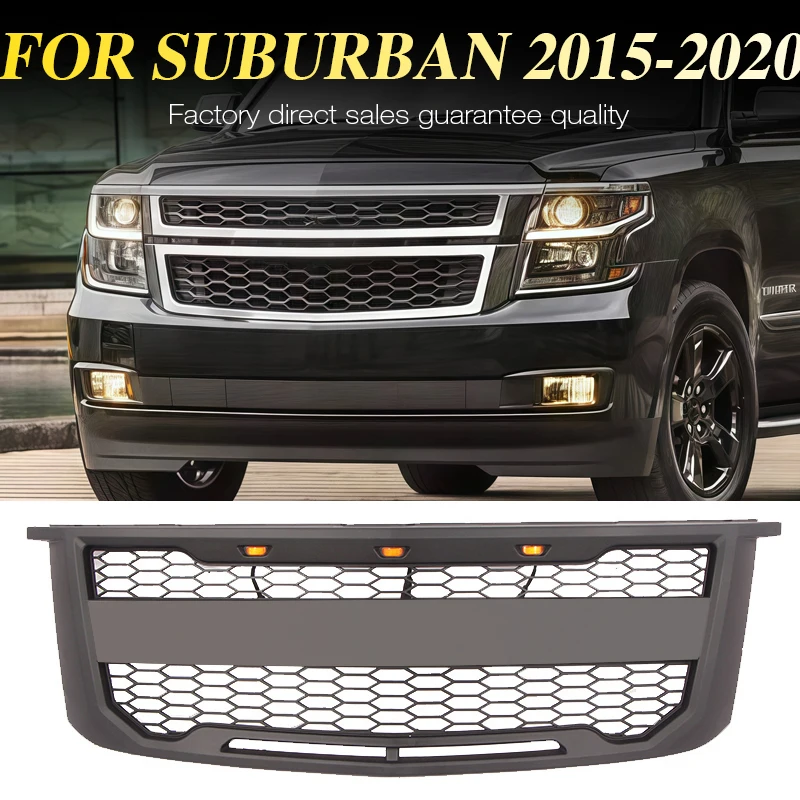 

Black/Grey Front Grille With Light Fits For CHEVROLET SUBURBAN TAHOE 2015-2020 Racing Grill