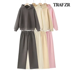 TRAF ZR Combi-pants Plush 2 Piece Sets Womens Outfits Oversize Hooded Sweatshirt with Rib Trim Elastic Waistband Wide Leg Pants