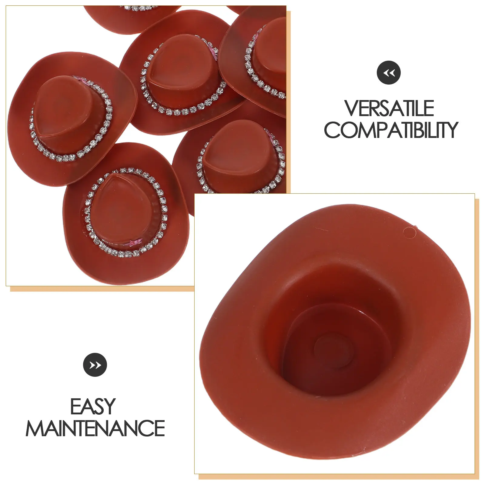 10 Mini Sombreros Vaqueros con Cadena de Diamantes de Imitación, Sombreros Vaqueros de Plástico Resistentes para Manualidades, Decoración de Fiestas y Cupcakes