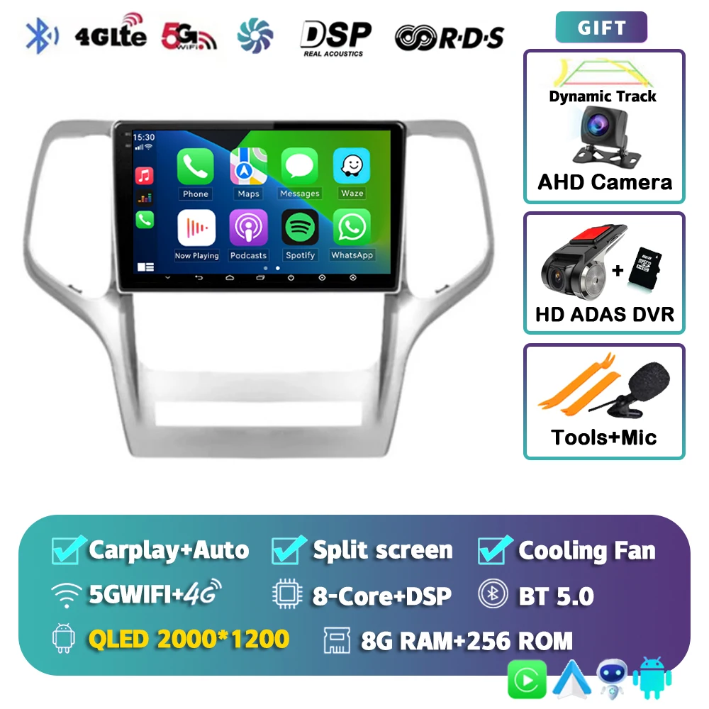 Android 15 voor Jeep Grand Cherokee 2008 2009 2010 2011 2012 2013 QLED scherm autoradio multimediasysteem Carplay Auto navigatie