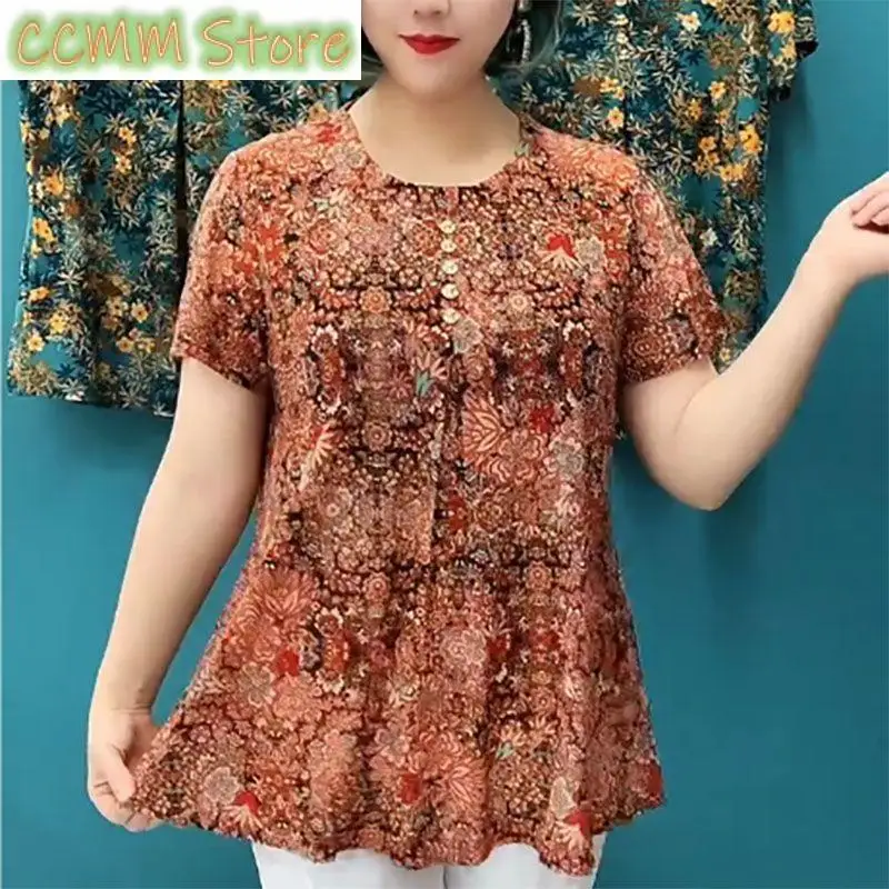 

Fashion Loose Short Sleeve Shirt Summer New Vintage Broken Flowers Folk Printed Women's Clothing Casual Round Neck Button Blouse