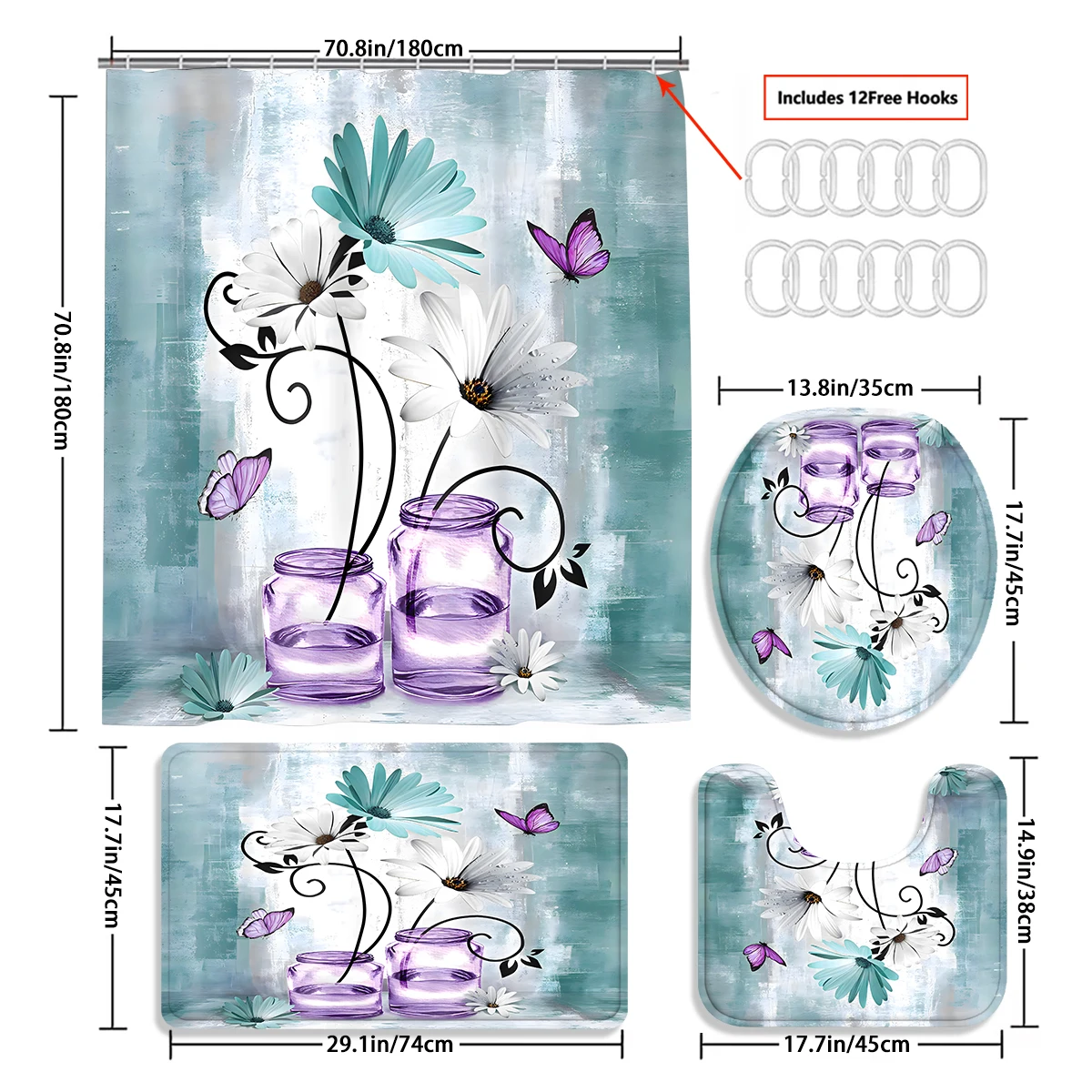 1/4 Piece Shower Curtain Set, Waterproof Bathroom Partition Curtain with Hooks, Anti-Slip Bath Rug, U Shape Mat, Toilet Seat Cov