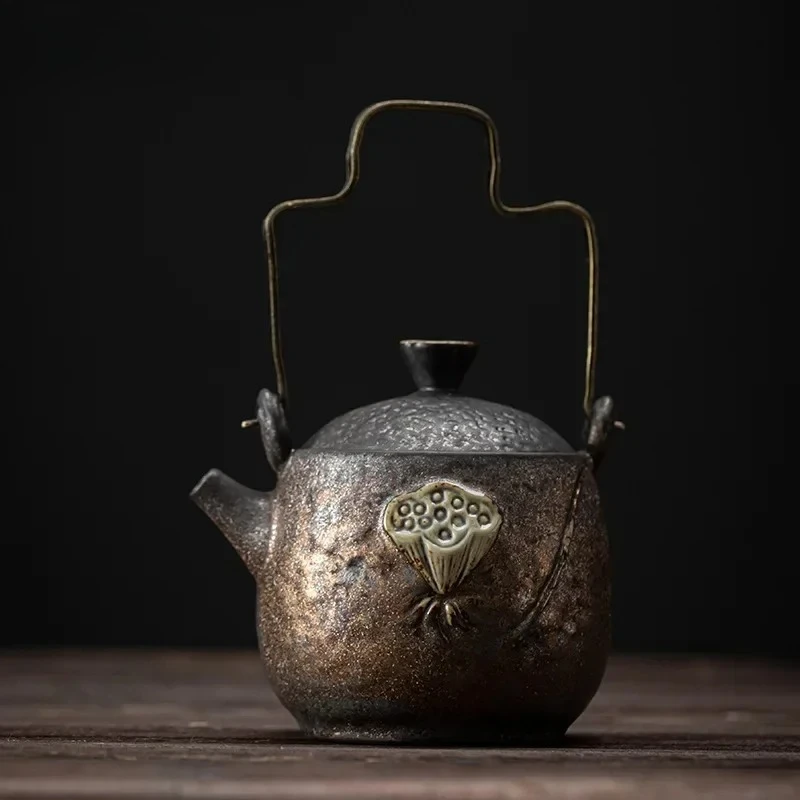 Japanese Gilding Iron Glaze Loop-Handled Teapot Ceramic Kung Fu Small Size Retro Domestic Teapot Tea Making Device Tea Kettle