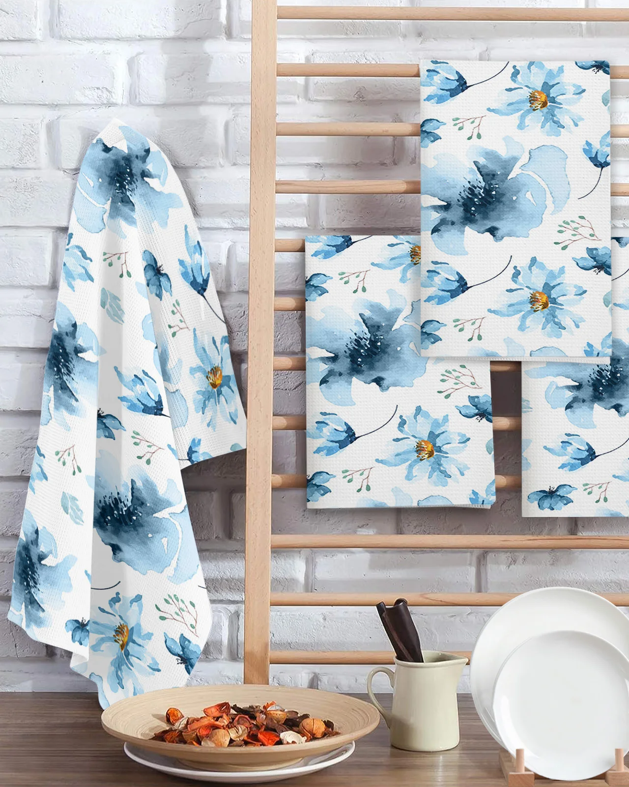 Blue Flower Farmhouse Village 2/3/4PCS Kitchen Cleaning Cloth Towel Waffle Towel No Trace Dishcloth Rag Scouring Pad