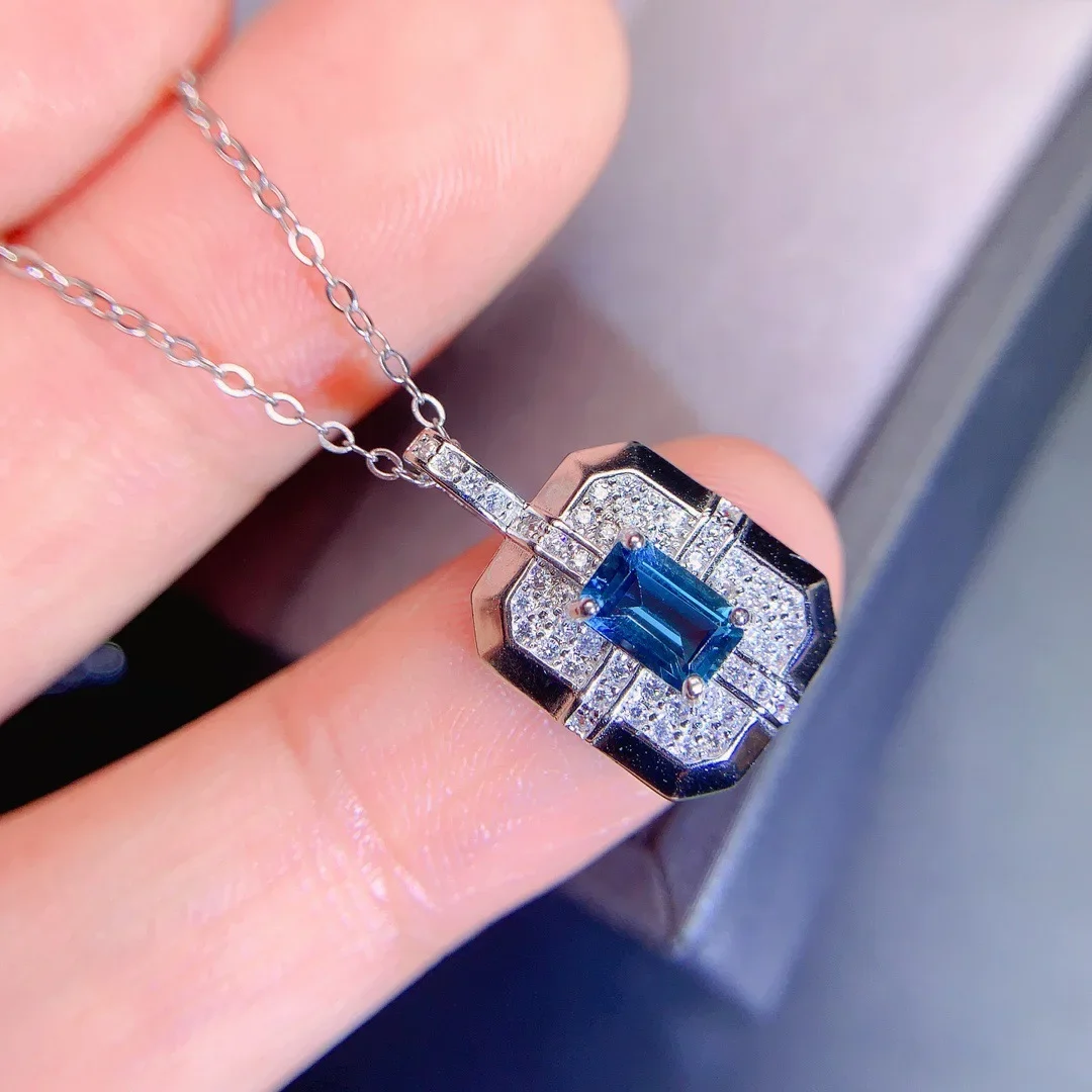 Natural London Blue Topaz Pendant Square Gemstone 925 Sterling Silver for Women Jewelry Gift